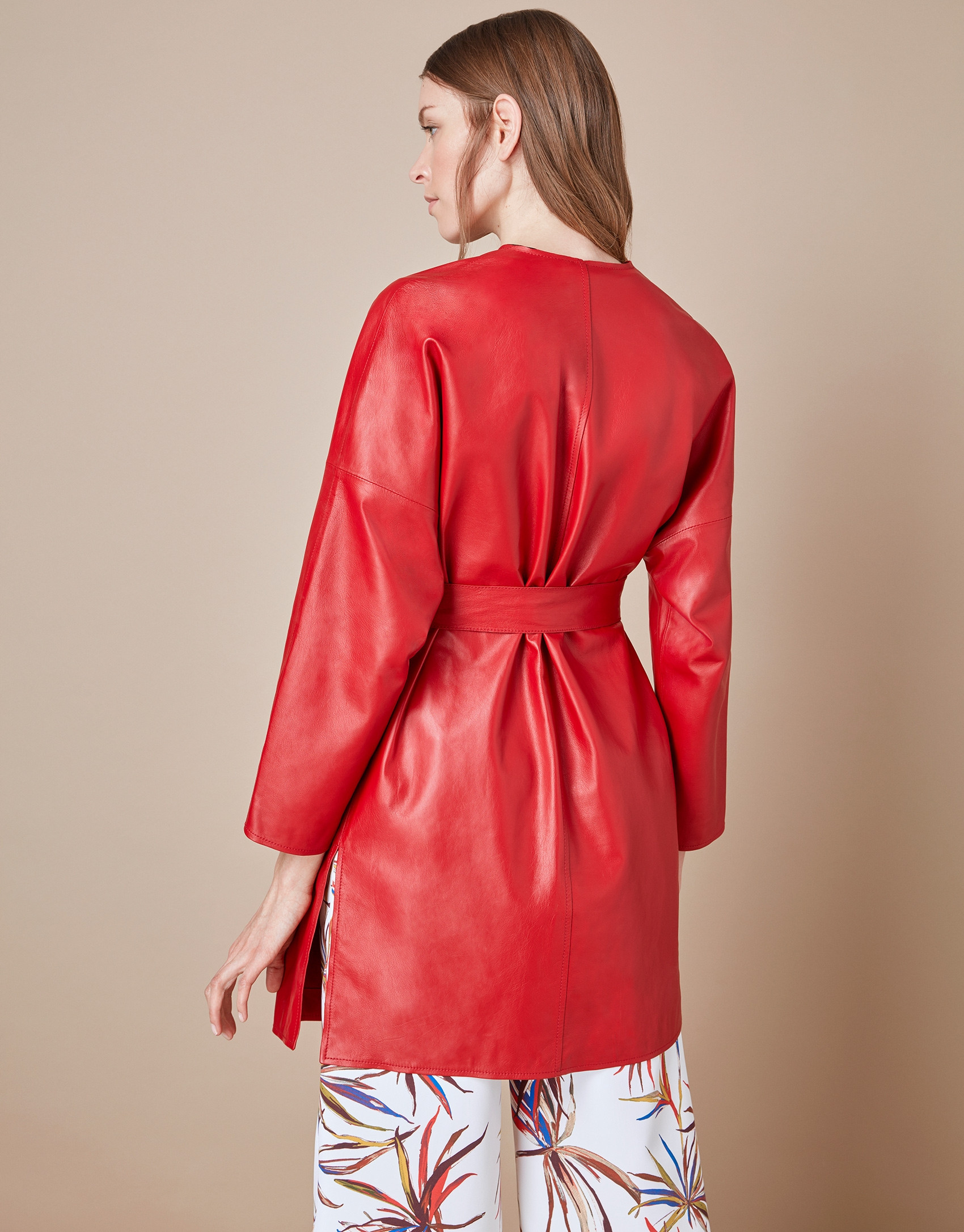 Red napa double-breasted coat