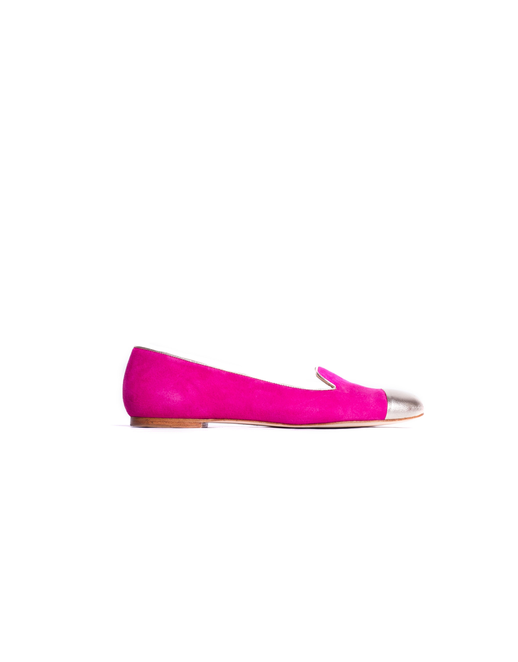 NIZA FUCSIA:  Suede slippers with gold tips