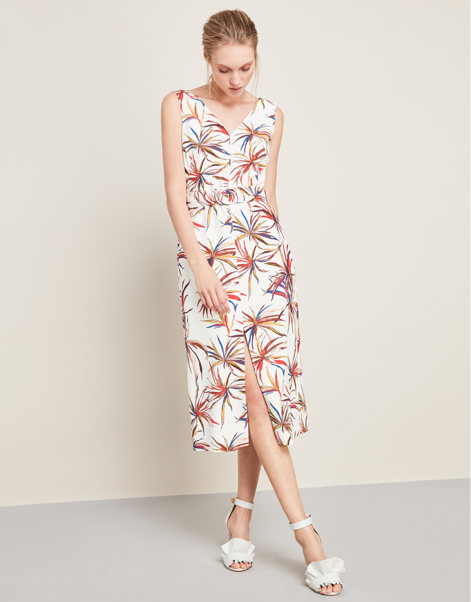 Red floral print, double-breasted dress