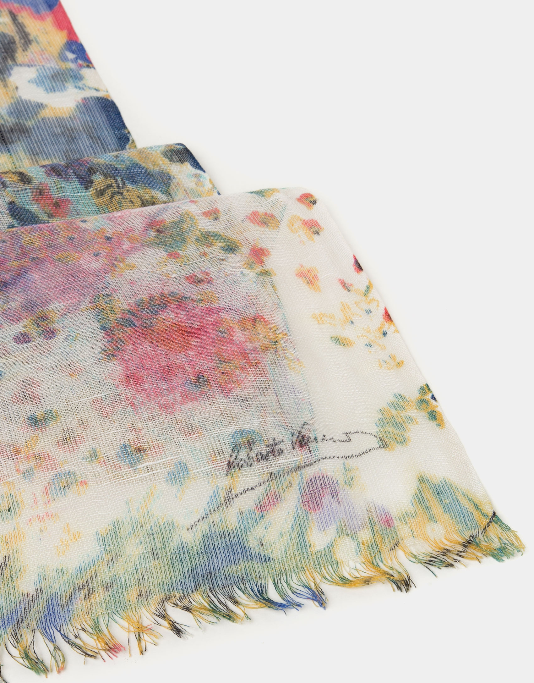 Foulard lino/lana/seda estampado floral azul y amarillo