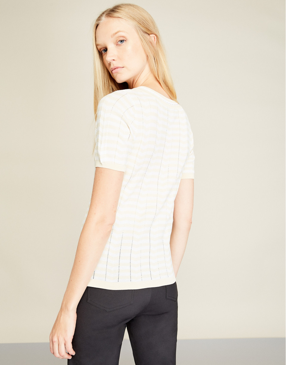 Beige short-sleeved striped sweater