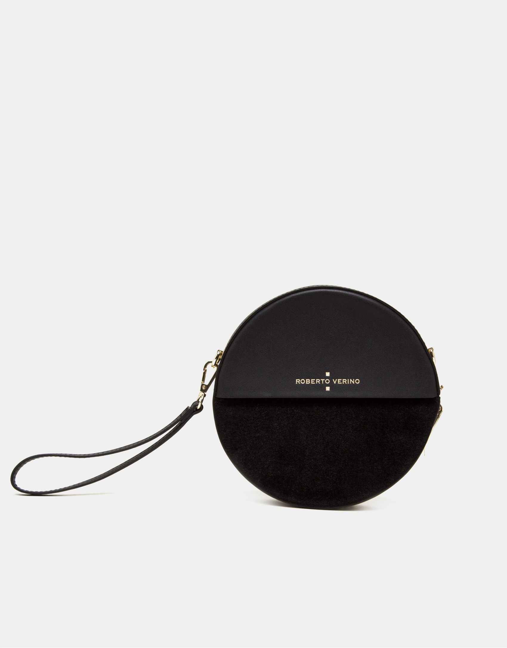Bolso redondo Cookie en piel y terciopelo negro