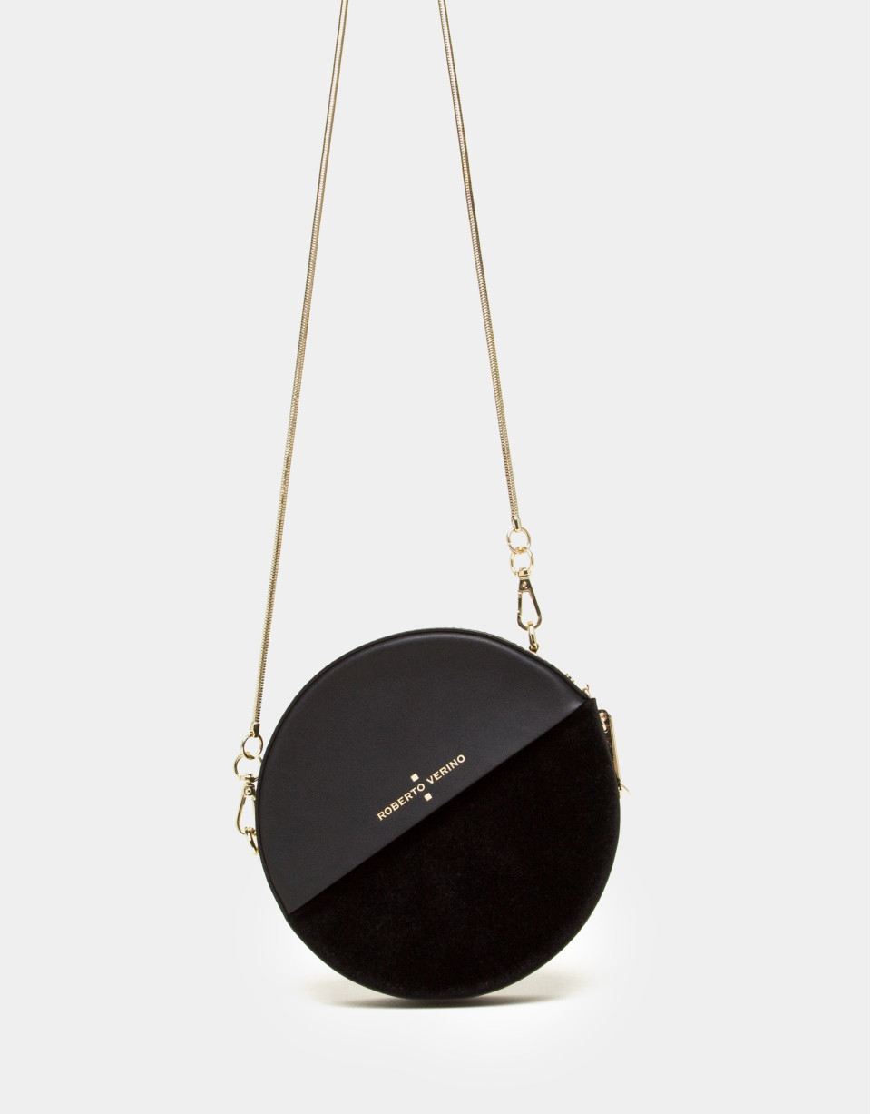 Bolso redondo Cookie en piel y terciopelo negro