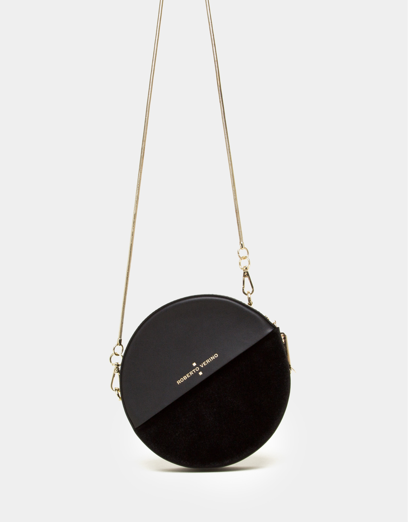 Bolso redondo Cookie en piel y terciopelo negro