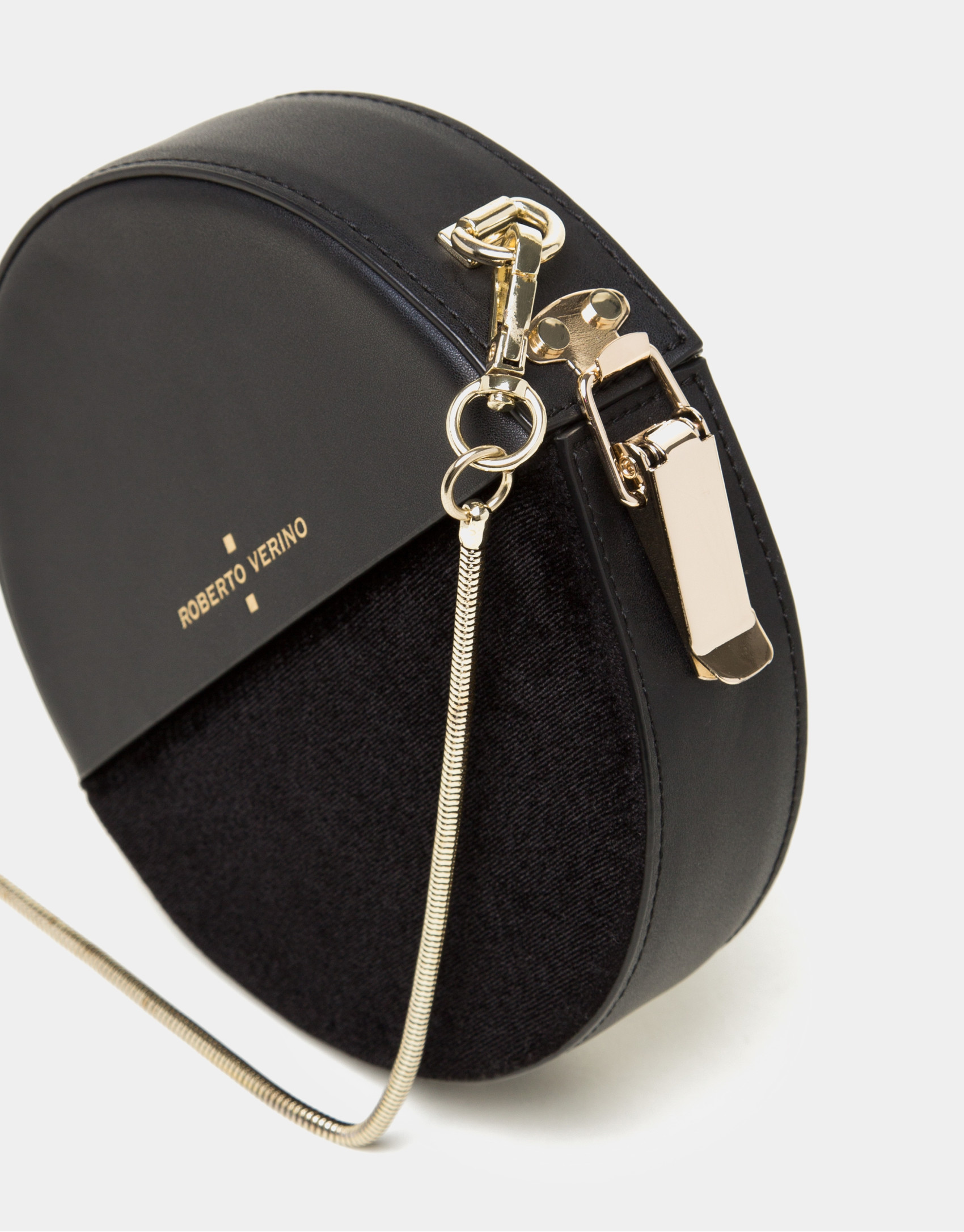 Bolso redondo Cookie en piel y terciopelo negro