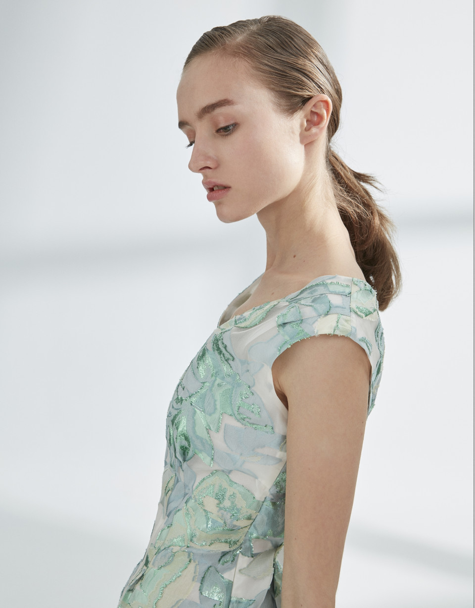 Green and silver print dress with V-neck and straps