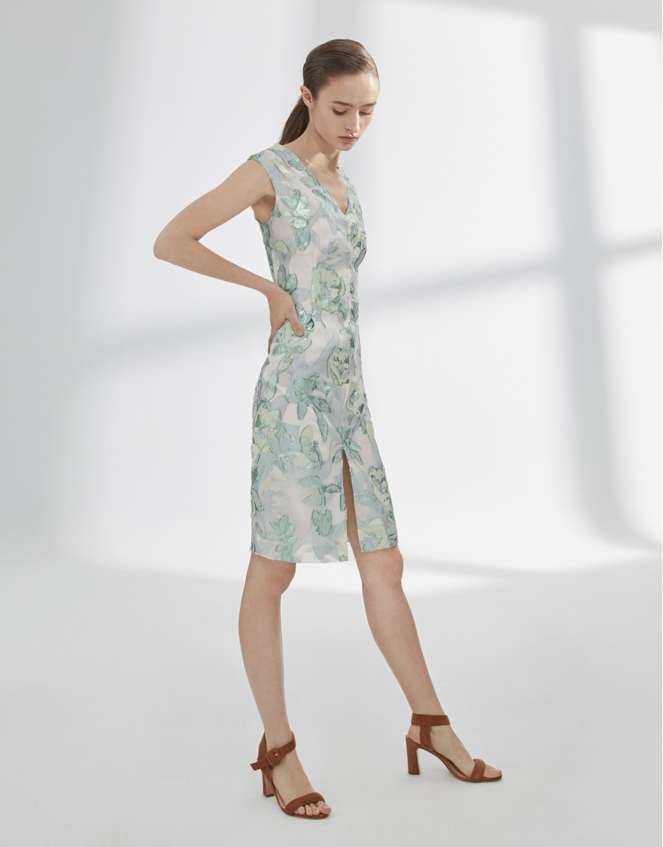Vestido escote tirantes verde y plata