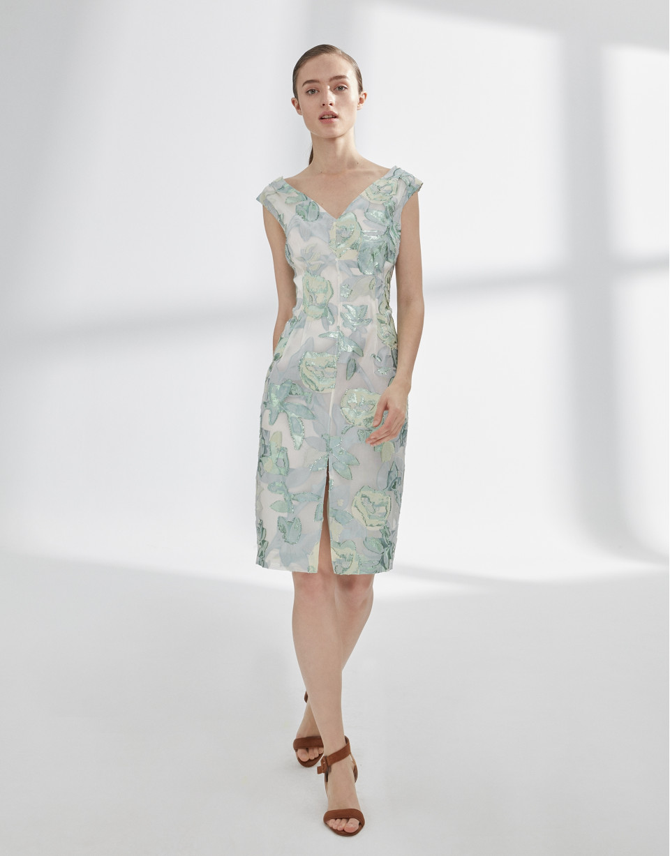 Green and silver print dress with V-neck and straps
