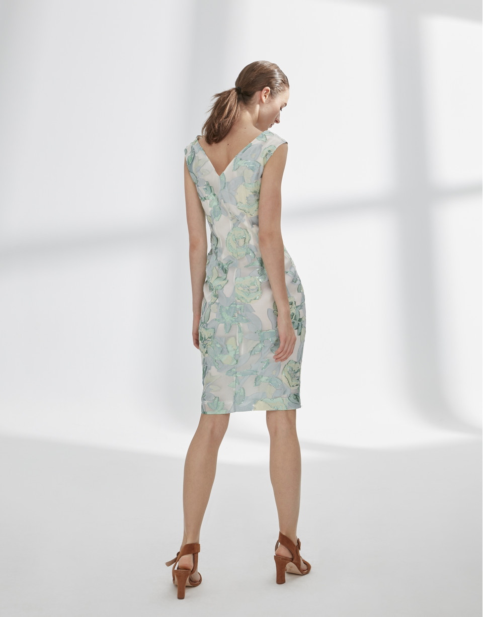 Green and silver print dress with V-neck and straps
