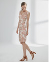 Orange and silver print dress with V-neck and straps