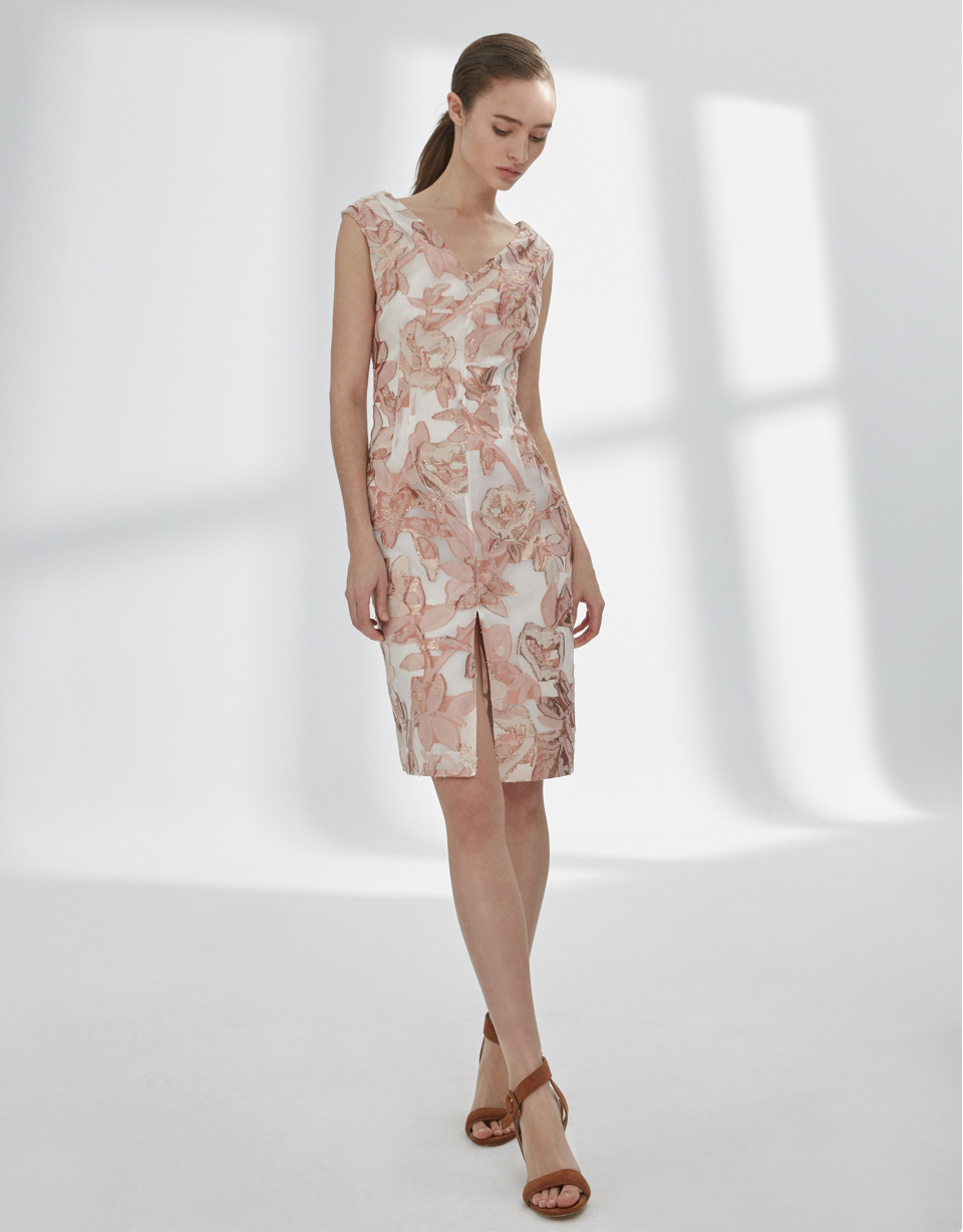 Vestido escote tirantes naranja y plata