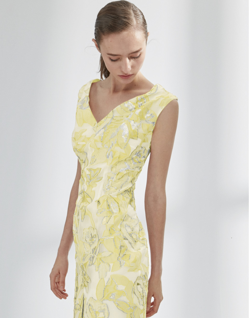 Vestido jacquard amarillo y plata