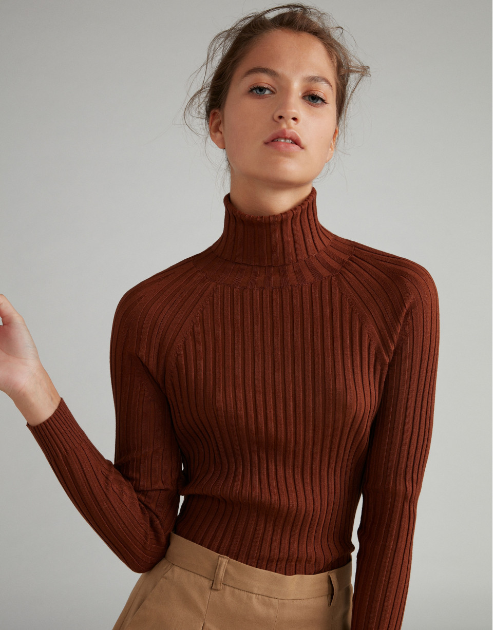 Mink-colored,  turtleneck, ribbed, sweater