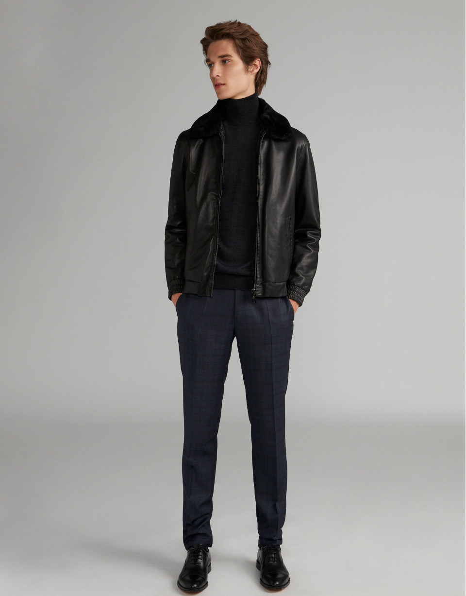 Black leather bomber jacket with removable collar