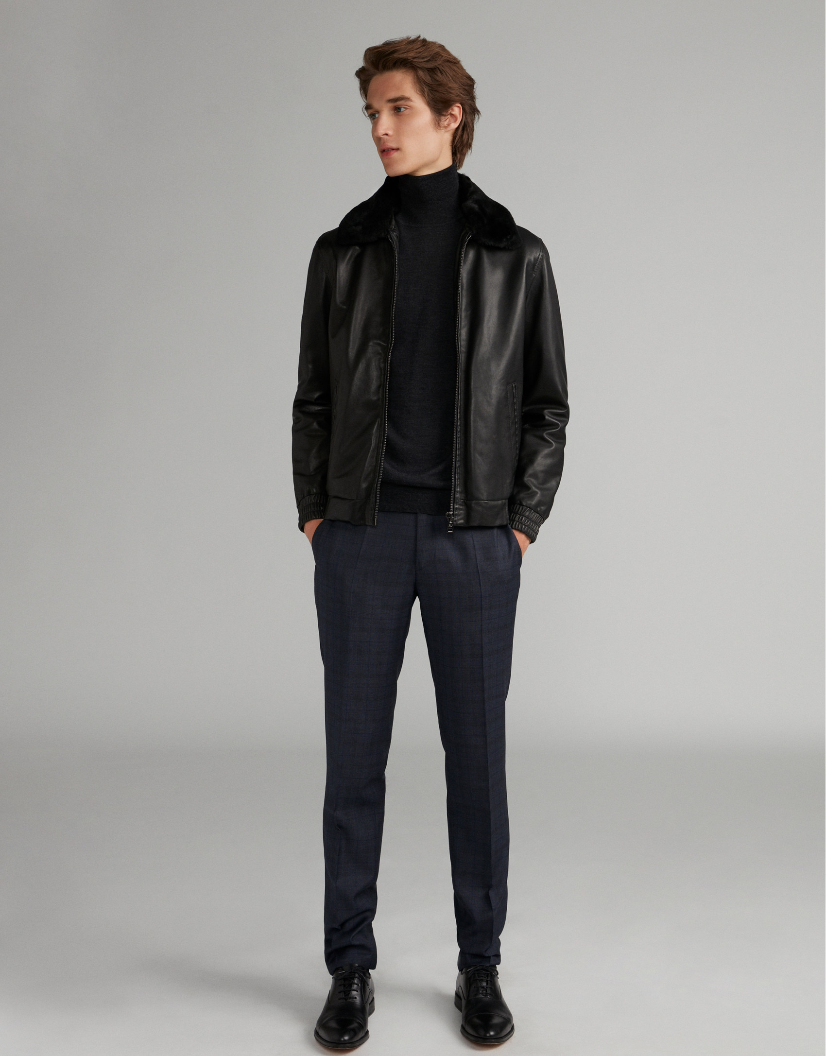 Black leather bomber jacket with removable collar