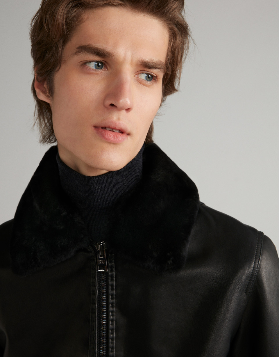 Black leather bomber jacket with removable collar