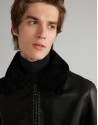 Black leather bomber jacket with removable collar