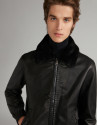 Black leather bomber jacket with removable collar