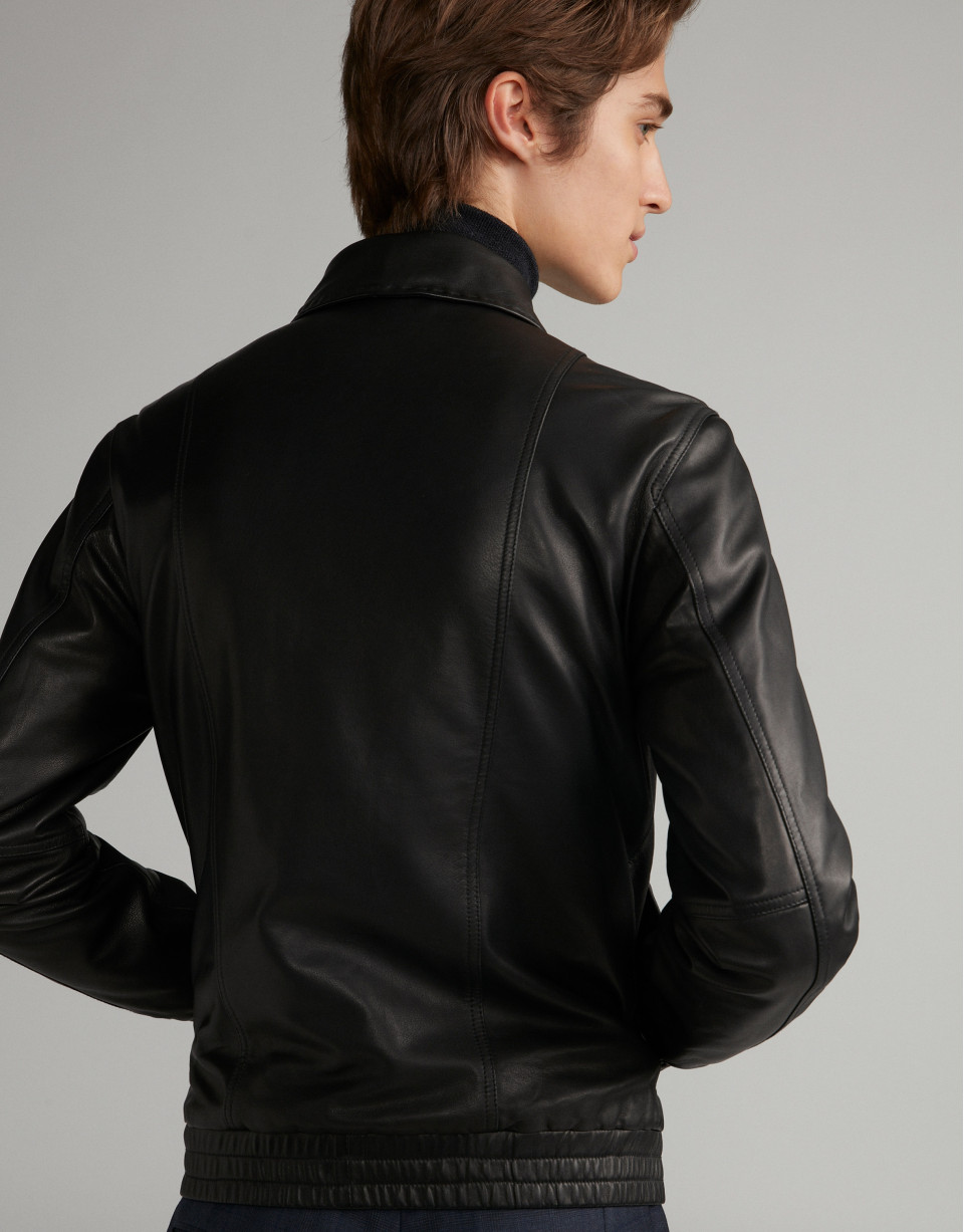 Black leather bomber jacket with removable collar