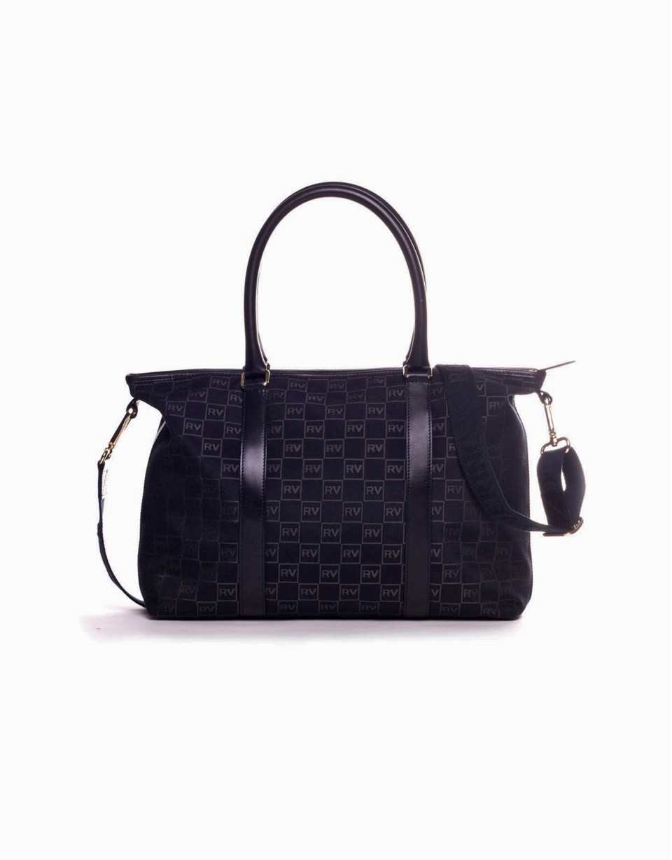 OLALLA: Navy blue jacquard and cowhide bowling bag 