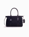 OLALLA: Navy blue jacquard and cowhide bowling bag 