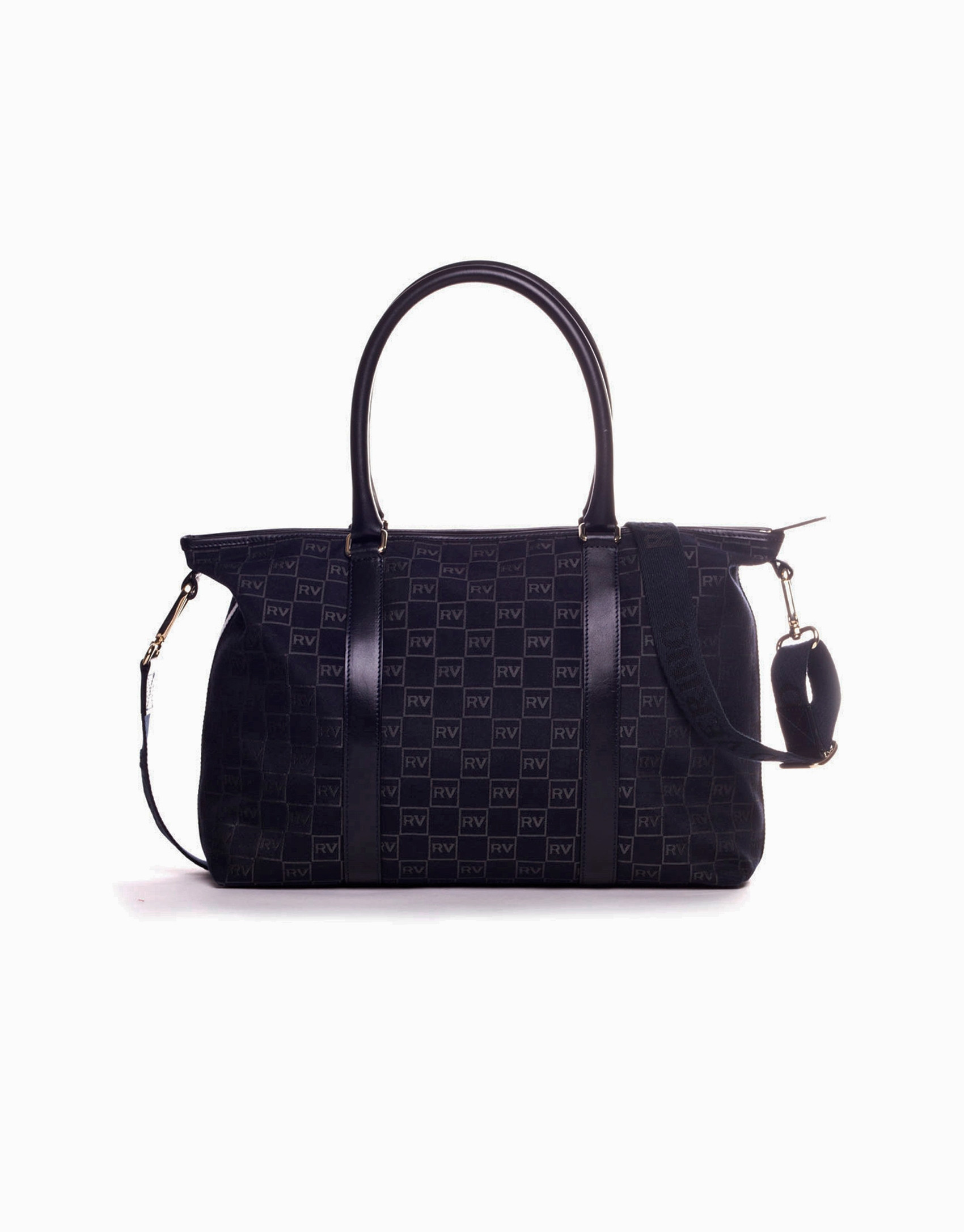 OLALLA: Navy blue jacquard and cowhide bowling bag 