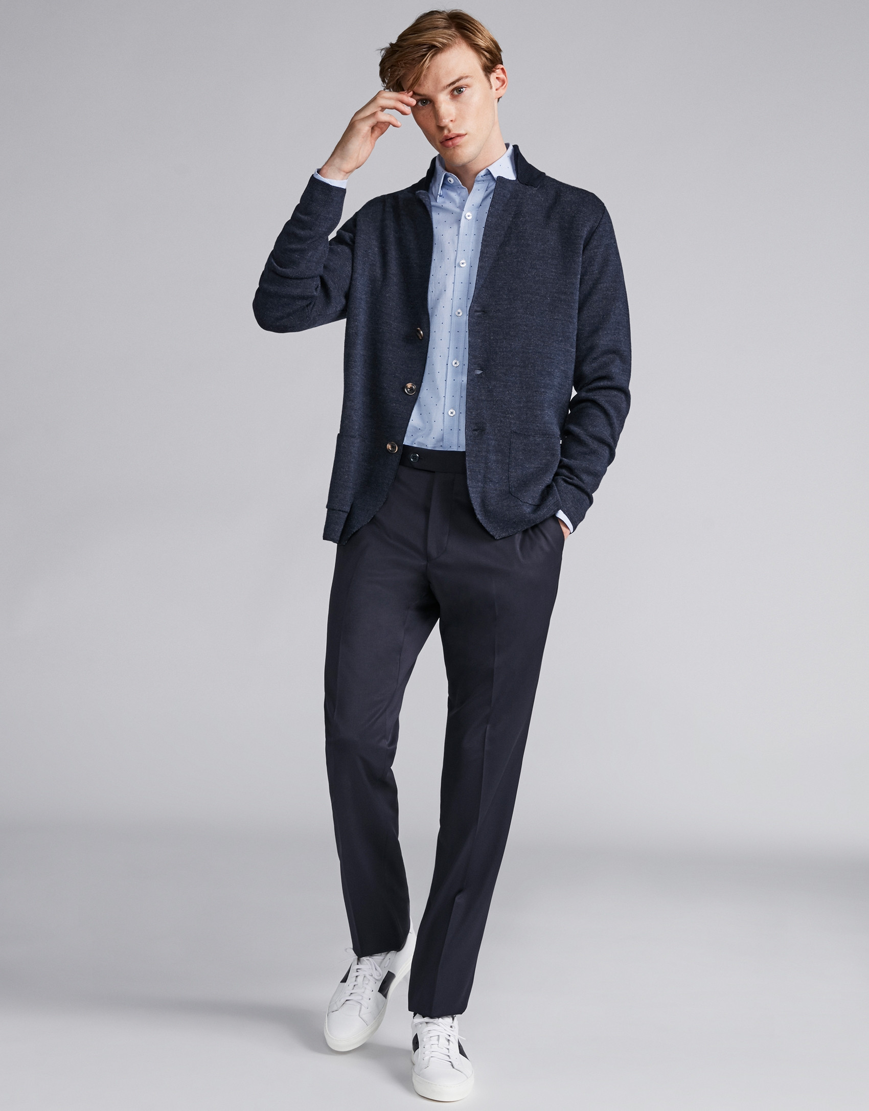 Navy blue wool jacket with knit collar