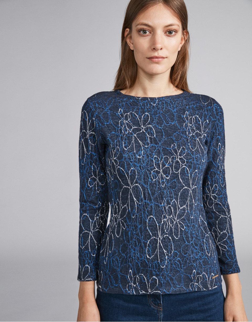 Navy blue knit top with floral print