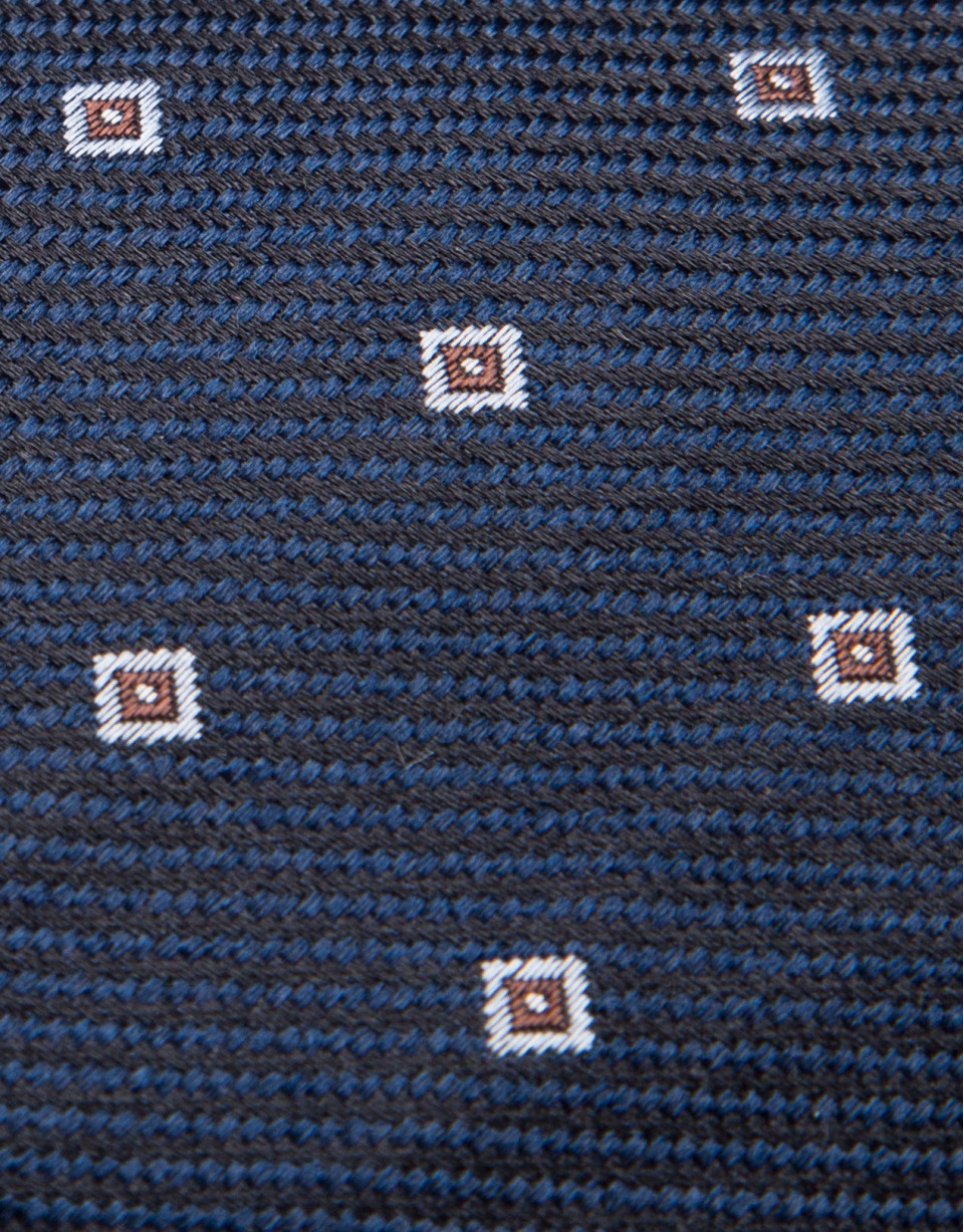 Navy blue/black silk tie with light blue geometric jacquard print