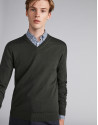 Khaki green wool V-neck sweater
