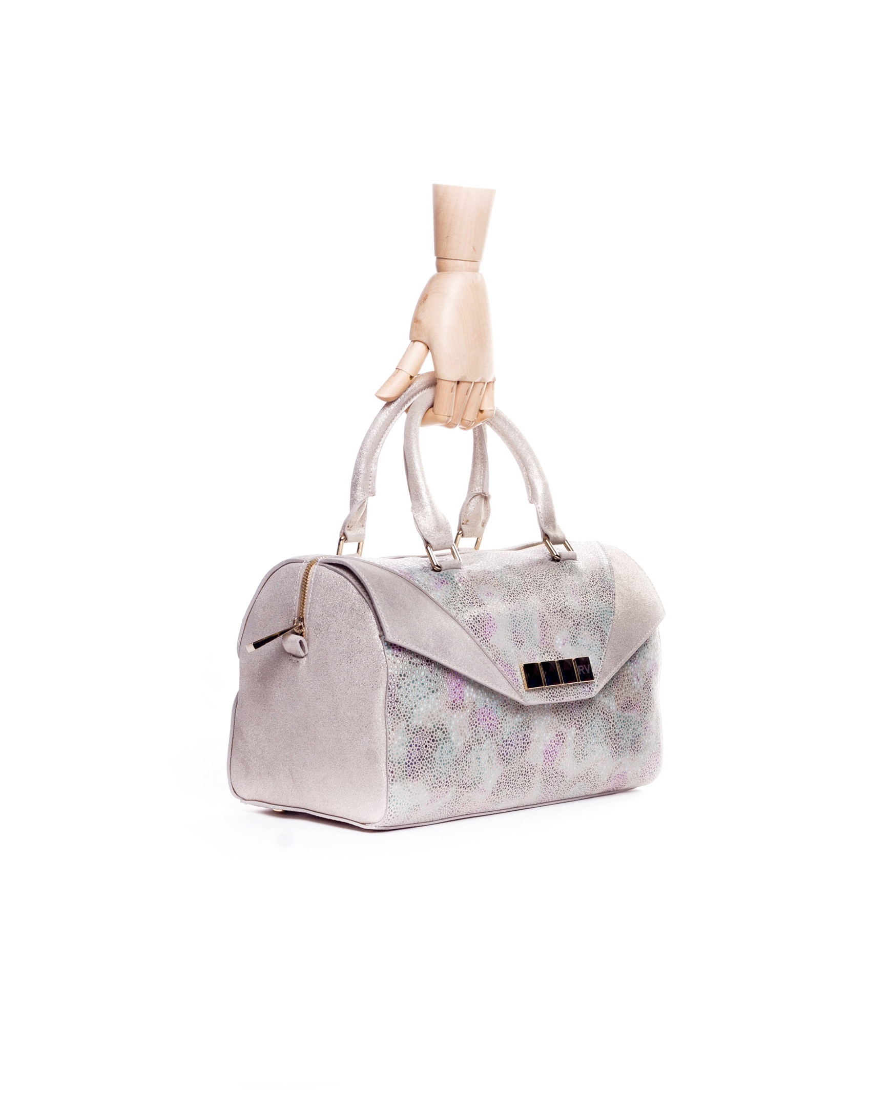 CARMEN RAYA:  Multi-colored striped fantasy leather bowling bag