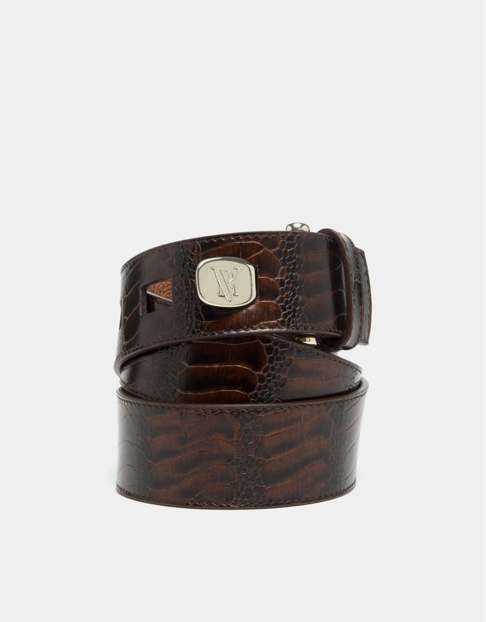 Brown embossed python leather belt