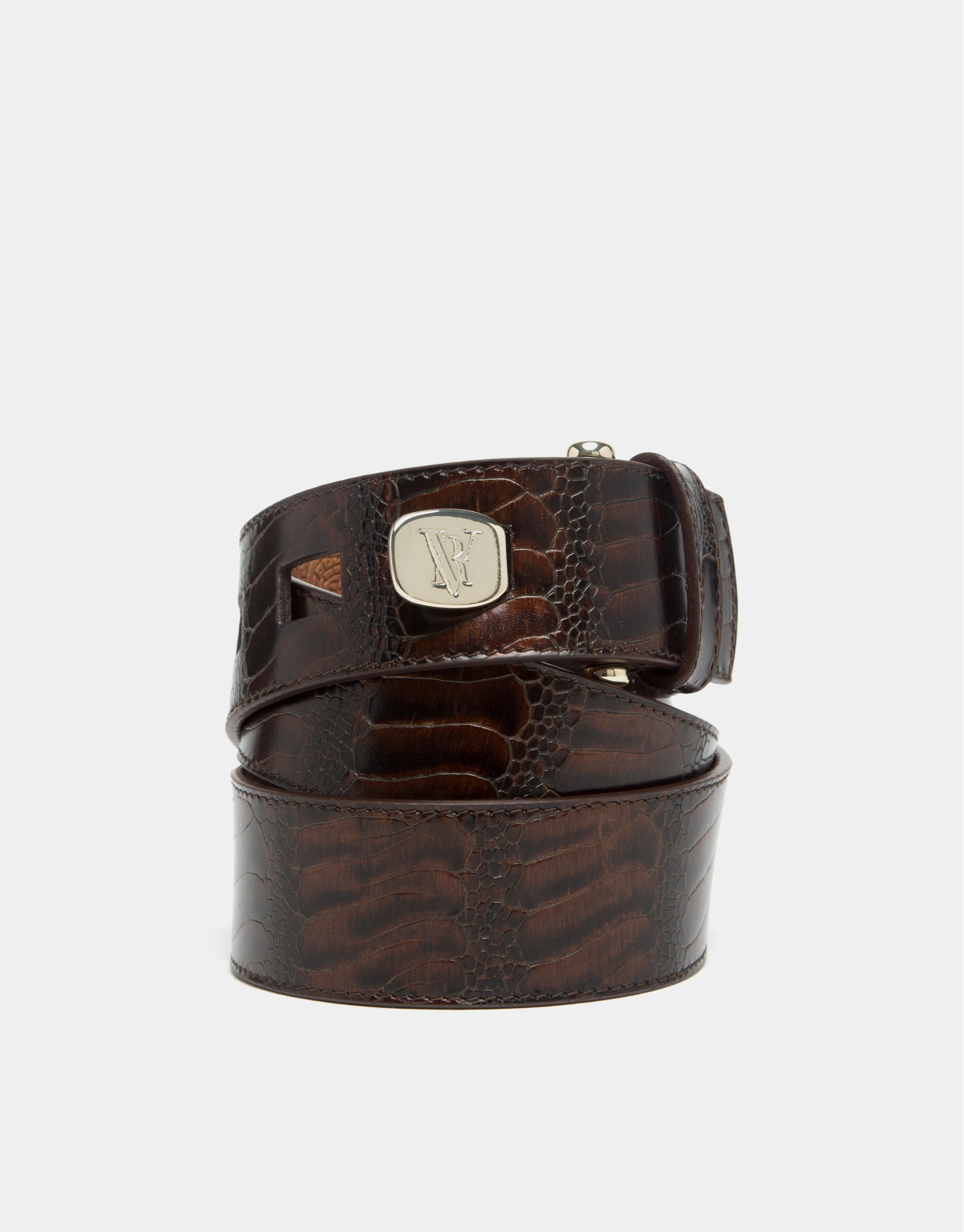 Brown embossed python leather belt