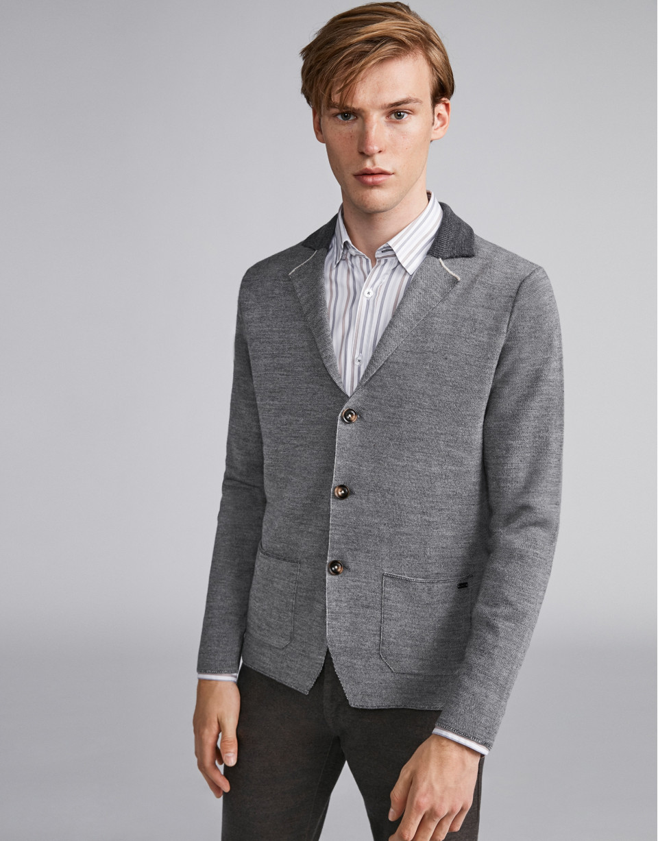 Gray wool jacket with knit collar