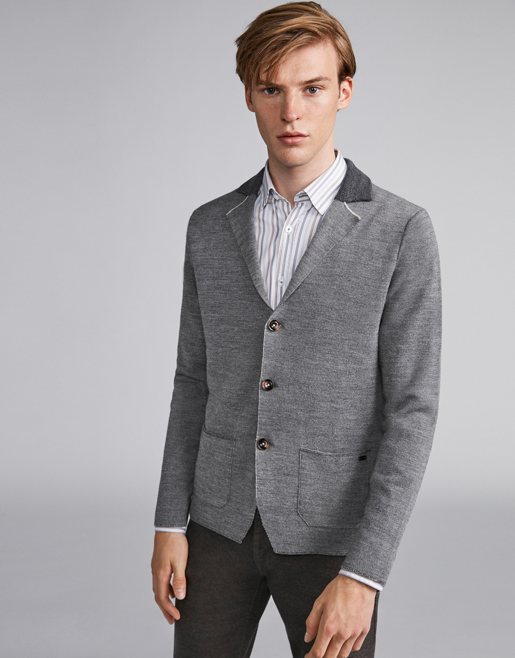 Gray wool jacket with knit collar