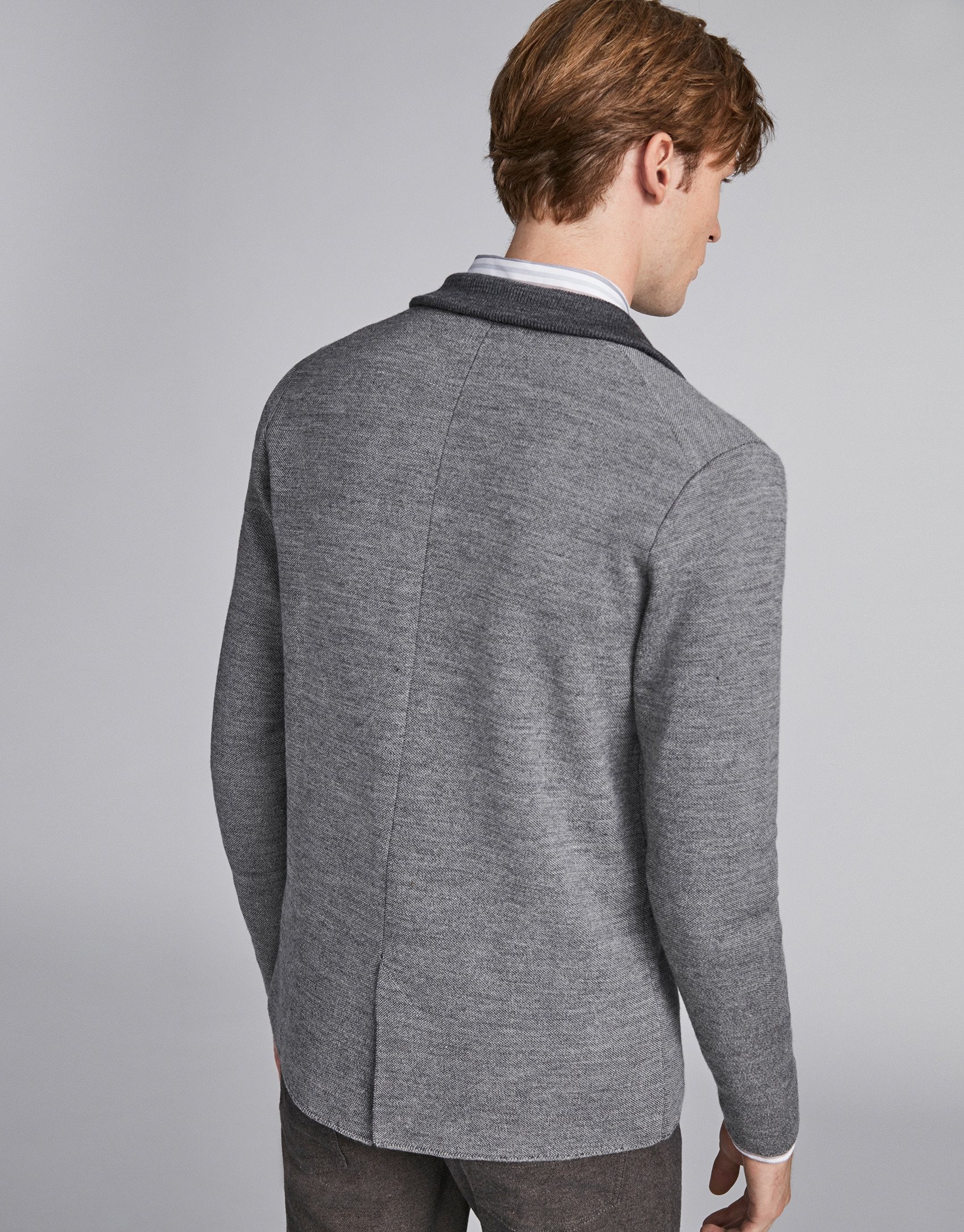 Gray wool jacket with knit collar