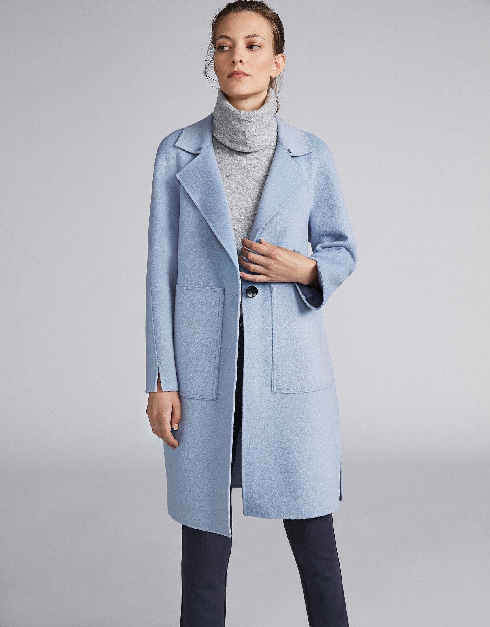 Light blue cloth coat with fur collar
