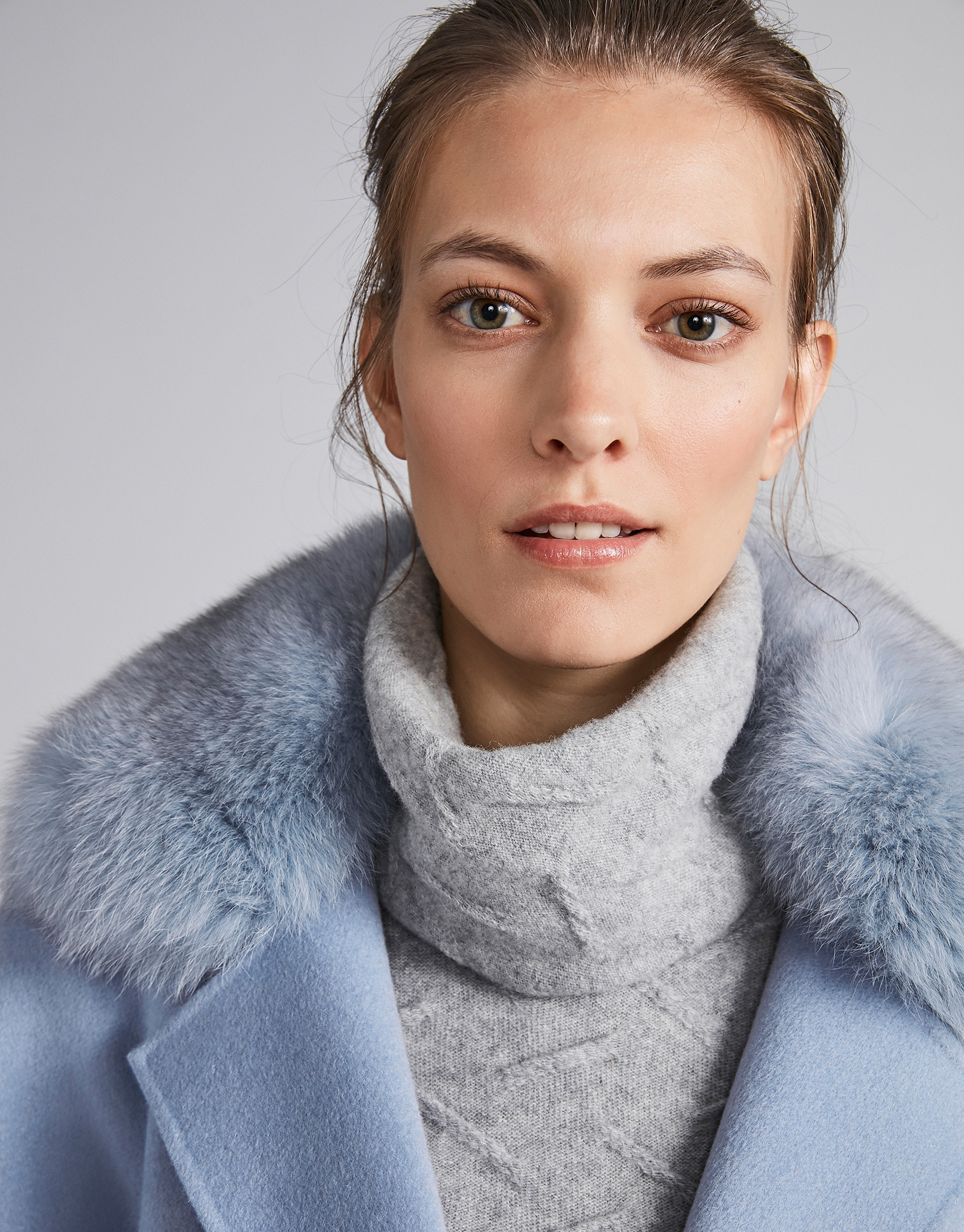 Light blue cloth coat with fur collar