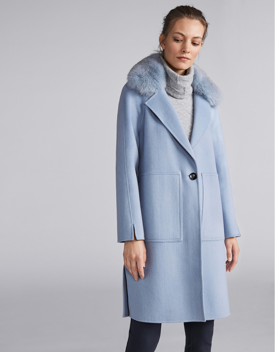 Light blue cloth coat with fur collar