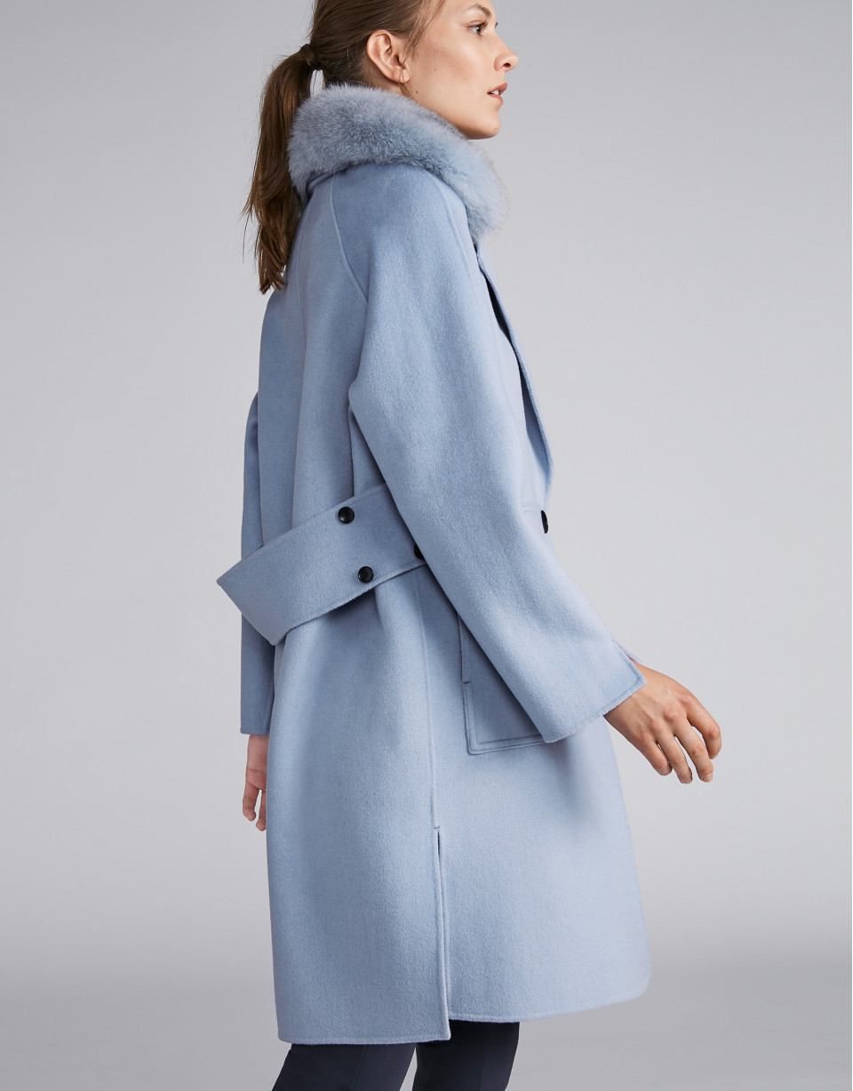 Light blue cloth coat with fur collar