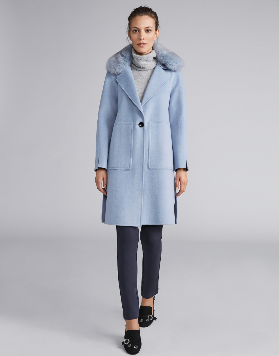 Light blue cloth coat with fur collar