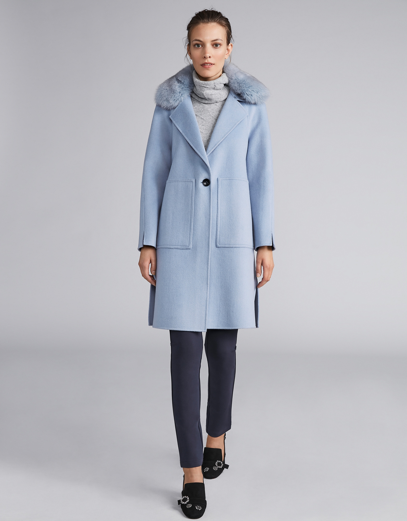 Light blue cloth coat with fur collar