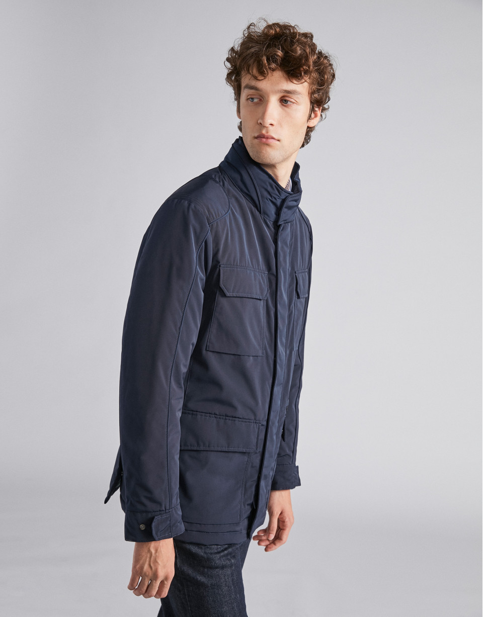 Navy blue tech parka with inside knit collar
