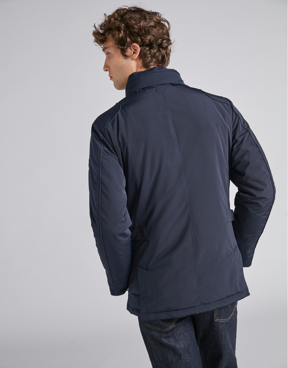 Navy blue tech parka with inside knit collar