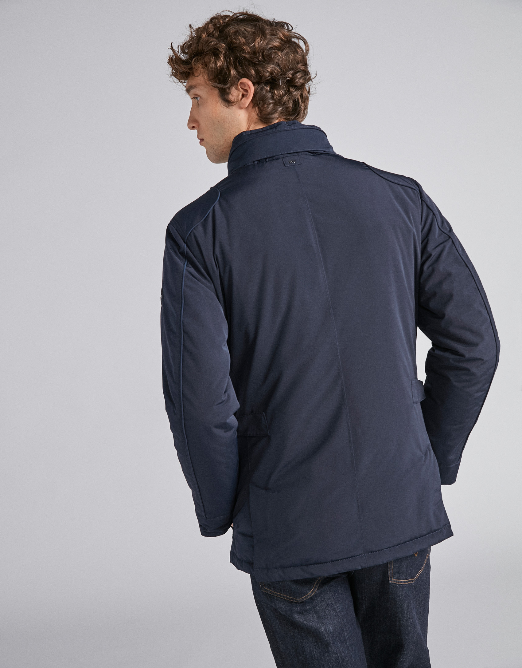 Navy blue tech parka with inside knit collar