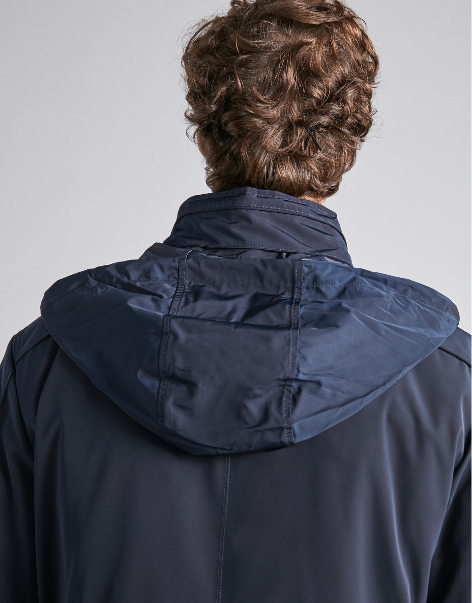 Navy blue tech parka with inside knit collar