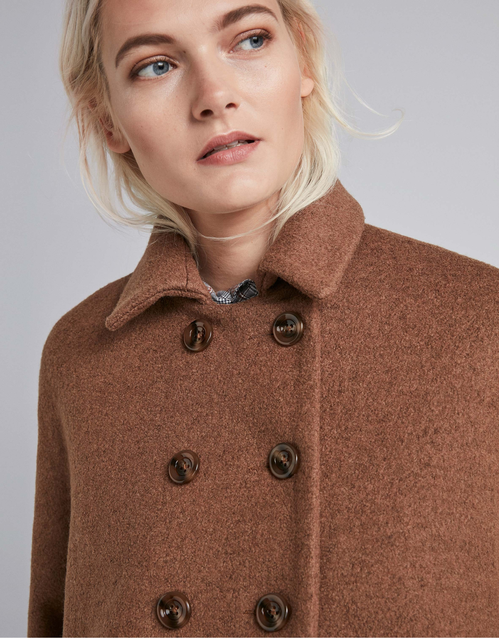 Coffee-colored checked, double-breasted coat