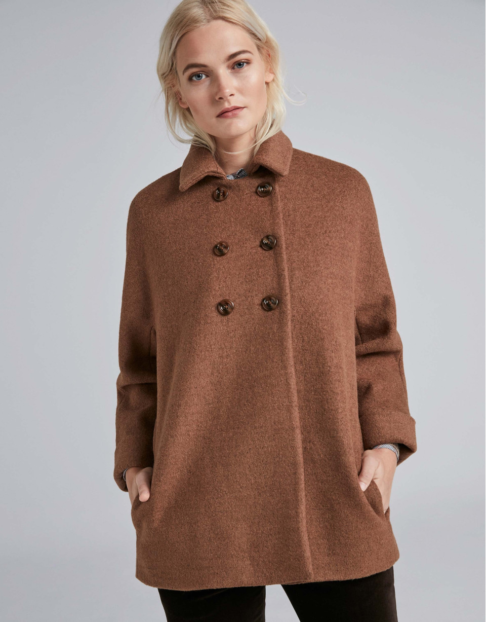 Coffee-colored checked, double-breasted coat