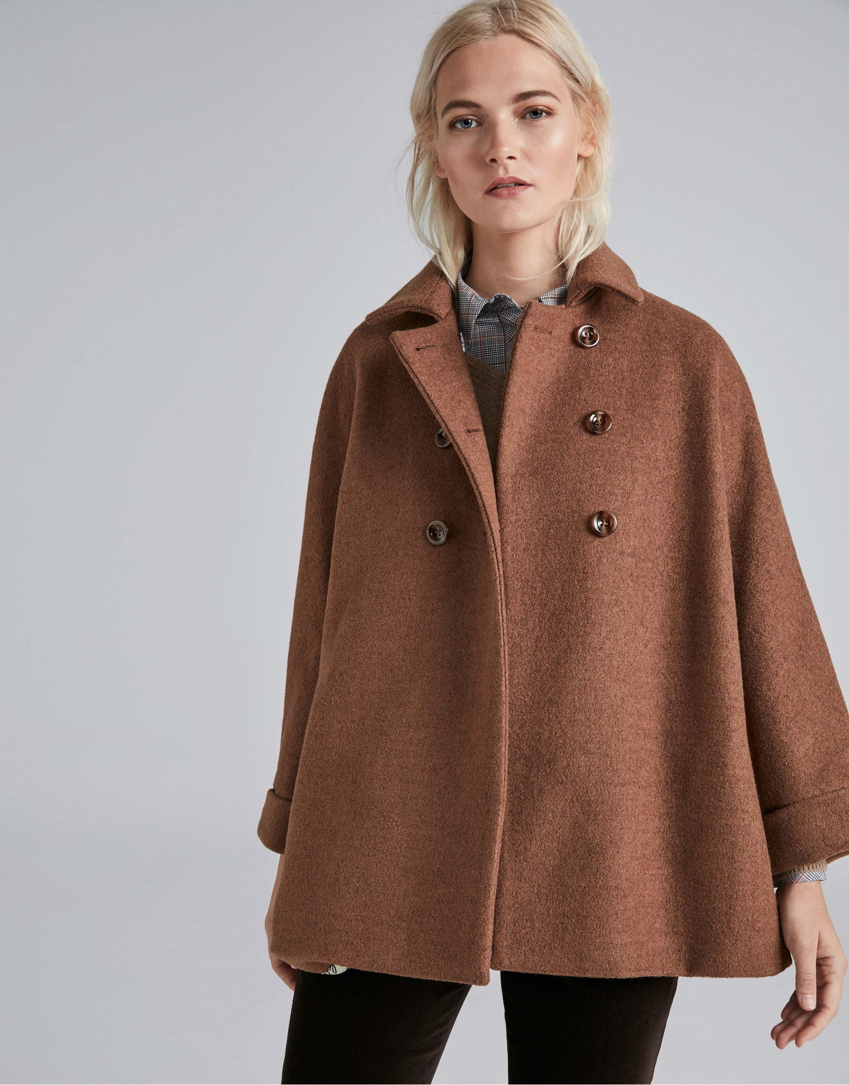 Coffee-colored checked, double-breasted coat