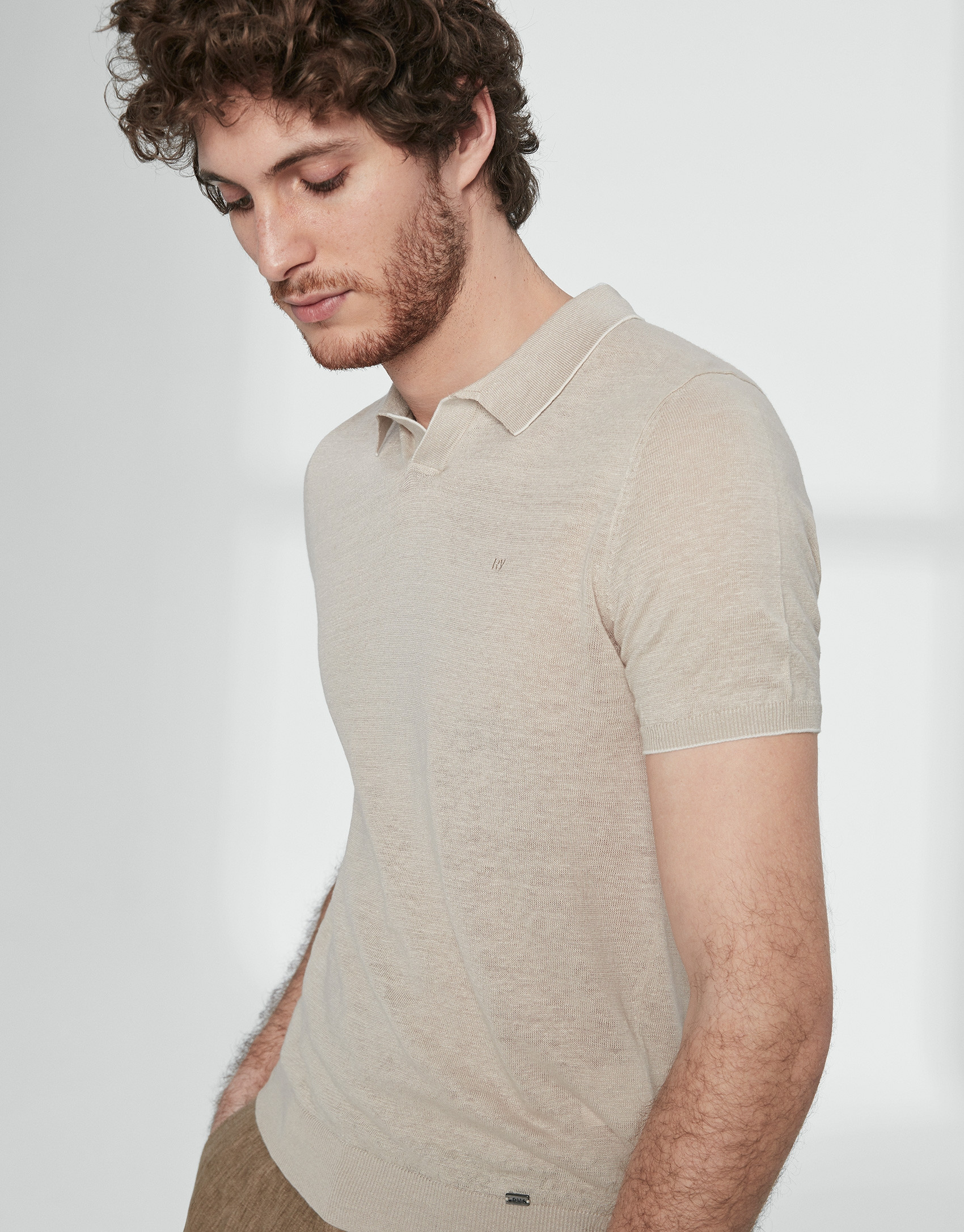 Sandy colored melange linen tricot polo